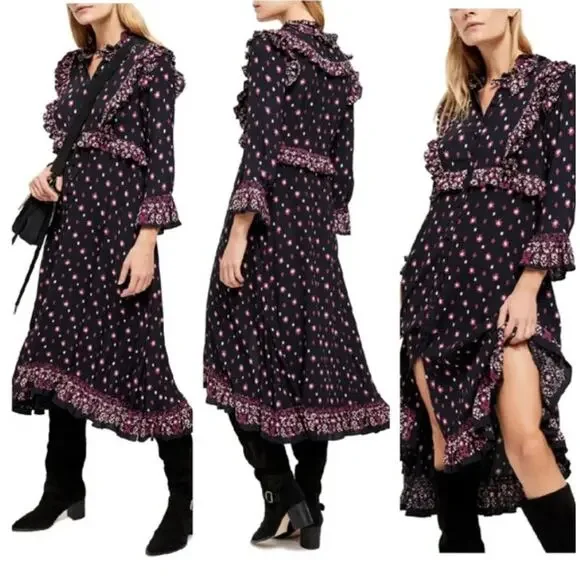 Free People Black Ruffle Trim Callico Skies Midi Dress Sz Medium - Picture 2 of 12
